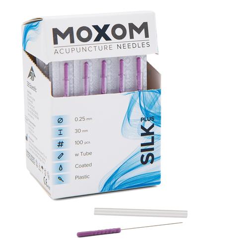 Acupuncture needles with plastic handle, siliconized - MOXOM Silk Plus - 0.25 x 30 mm (with tube) 100 needles, 1022084, Agulhas de acupuntura MOXOM